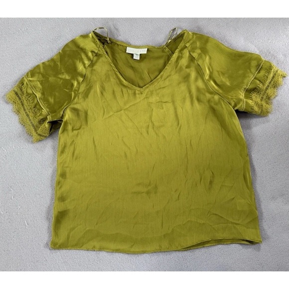 ryegrass Tops - Ryegrass Satin Short Lacey Sleeve Blouse Womens S Chartreuse Green Romantic Chic